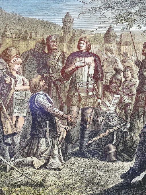 Illustration: Rudolph von Habsburg empfängt die Nachricht von seiner Wahl zum deutschen König, umgeben von Rittern.