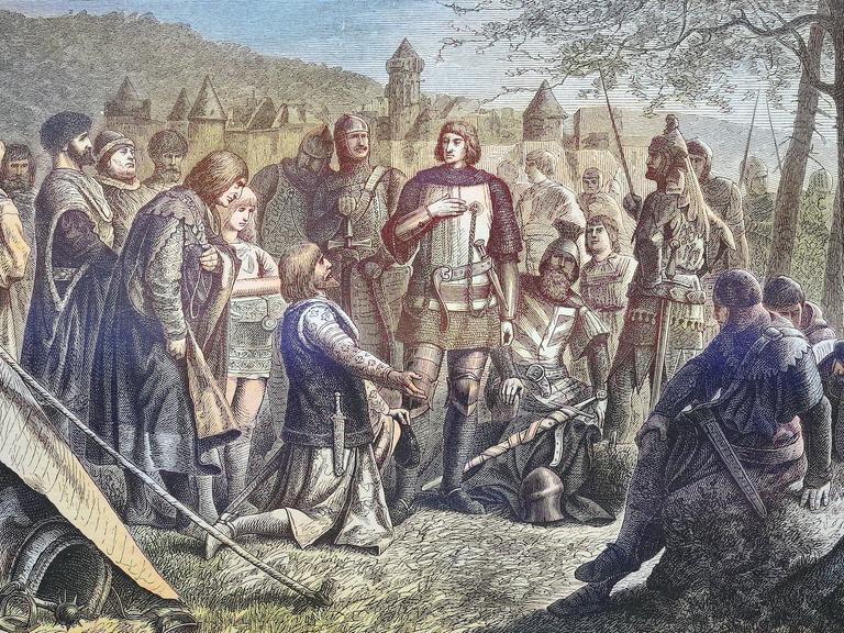 Illustration: Rudolph von Habsburg empfängt die Nachricht von seiner Wahl zum deutschen König, umgeben von Rittern.