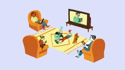 Illustration: Eine Familie sitzt in einem Wohnzimmer vor einem Fernseher und halten noch andere Digitale Geräte in den Händen. 