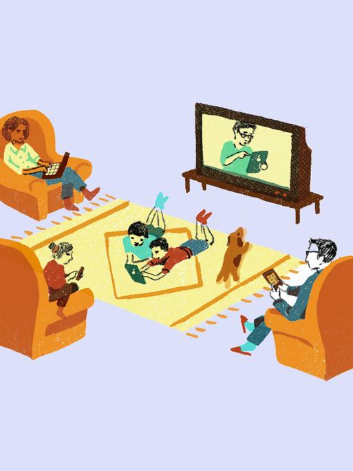 Illustration: Eine Familie sitzt in einem Wohnzimmer vor einem Fernseher und halten noch andere Digitale Geräte in den Händen. 