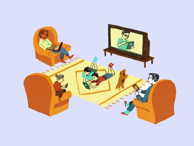 Illustration: Eine Familie sitzt in einem Wohnzimmer vor einem Fernseher und halten noch andere Digitale Geräte in den Händen. 