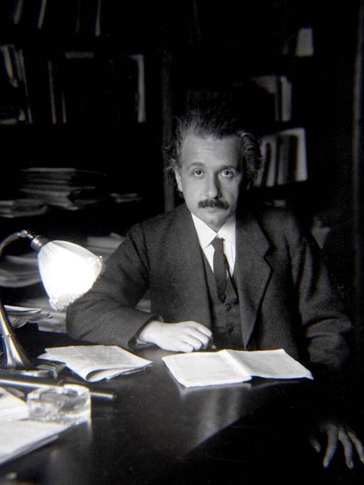 Physiker Albert Einstein sitzt an einem Schreibtisch. Vor ihm liegt ein geöffnetes Notizbuch.