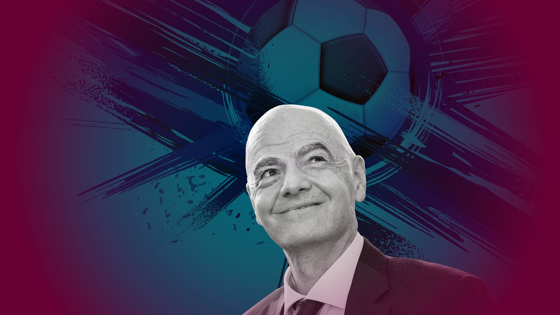 Porträt von Gianni Infantino, der leicht nach oben schaut und schmunzelt. Im Hintergrund ist die blau eingefärbte Grafik eines Fußballes zu sehen.