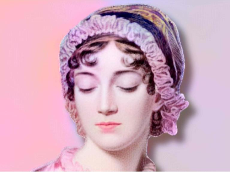 Porträt der englischen Schriftstellerin Jane Austen (1775 - 1817), rosa eingefärbt, rosa Hintergrund Porträt der englischen Schriftstellerin Jane Austen (1775 - 1817), rosa eingefärbt, rosa Hintergrund