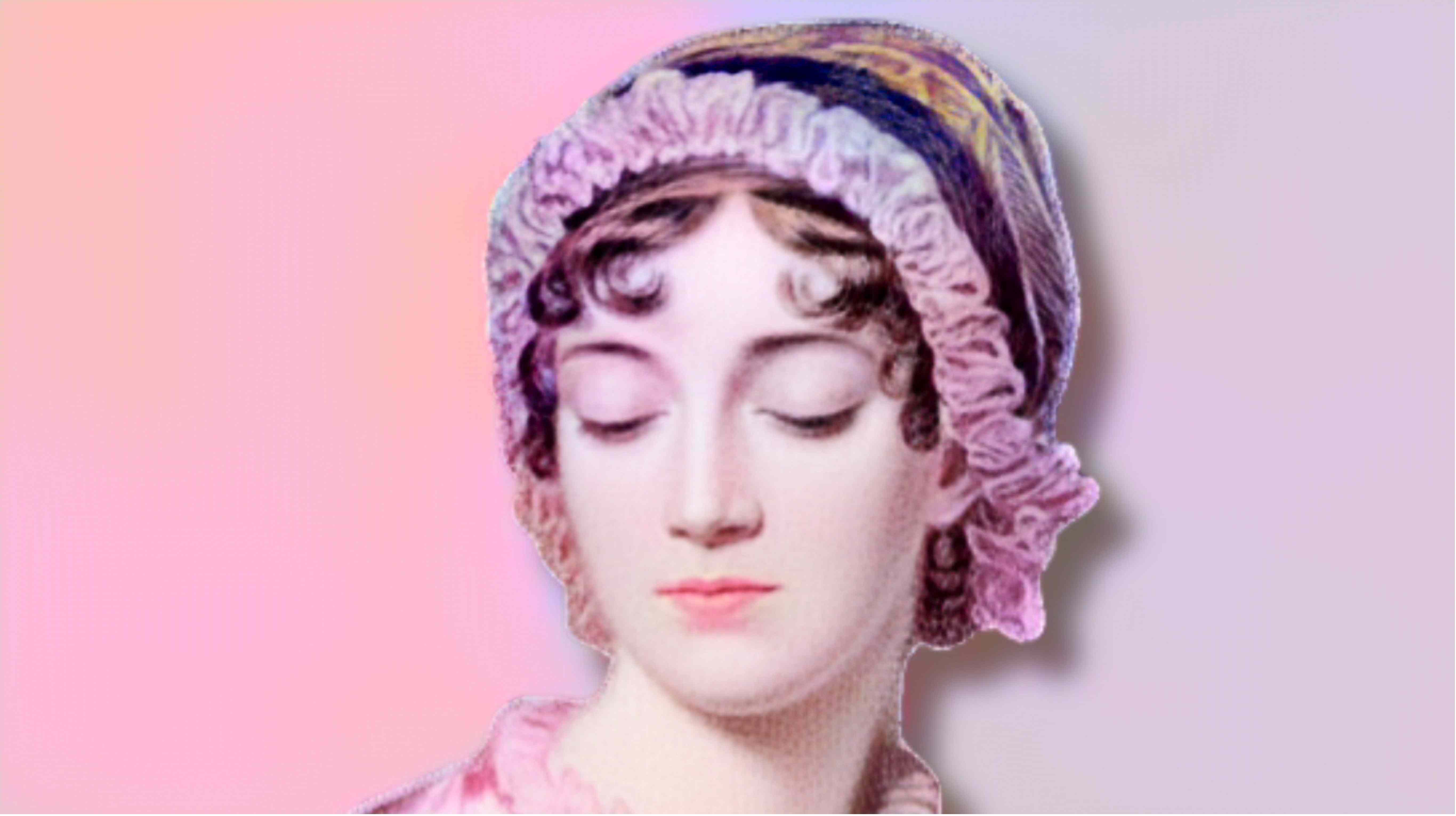 Porträt der englischen Schriftstellerin Jane Austen (1775 - 1817), rosa eingefärbt, rosa Hintergrund
