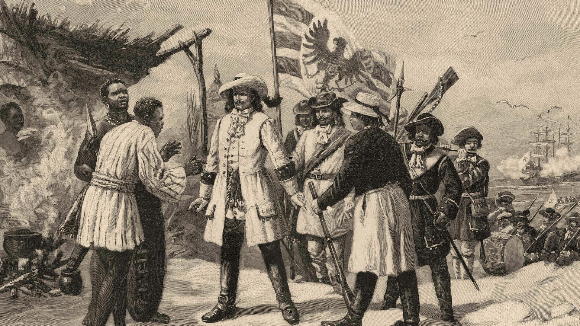 Besitzergreifung von Guinea am 31. Dezember 1682 durch Major Friedrich von der Gröben. Holzstich, undat., nach Erich Sturtevant.