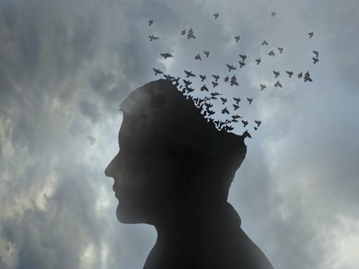 Illustration: Kopf eines Mannes löst sich auf in einen wegfliegenden Vogelschwarm.