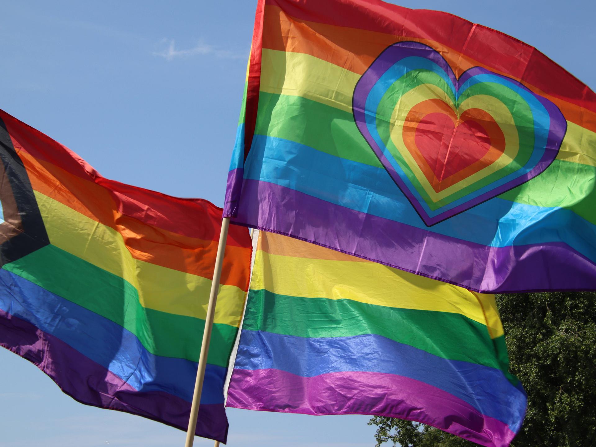 Regenbogenfahnen bei einer Demo im Rahmen des Christopher Street Day in Hamburg 2024