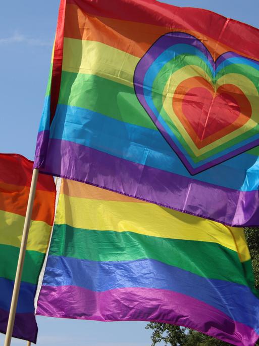 Regenbogenfahnen bei einer Demo im Rahmen des Christopher Street Day in Hamburg 2024