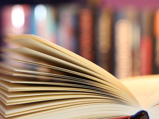 Ein aufgeschlagenes Buch. Sehr unscharf im Hintergrund stehen weitere Bücher in einem Regal.