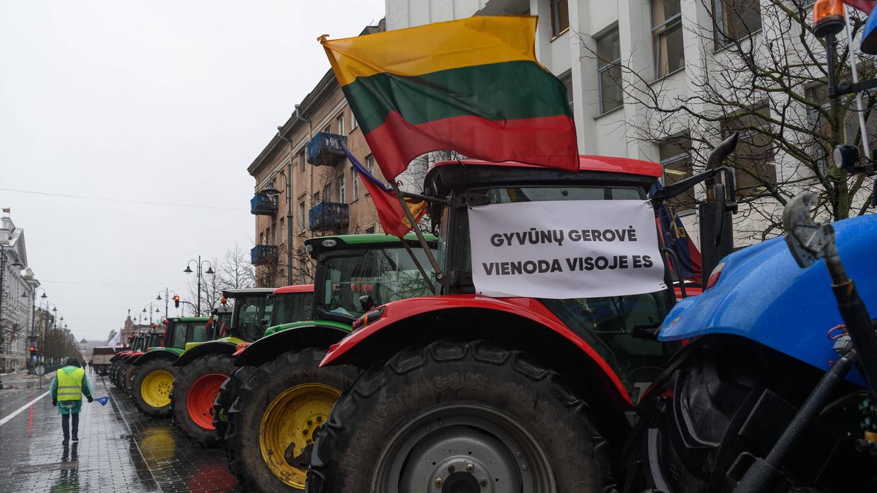 Mehrere Traktoren stehen mit litauischer Flagge in der Hauptstadt Vilnius, um gegen die Regierung zu protestieren. 