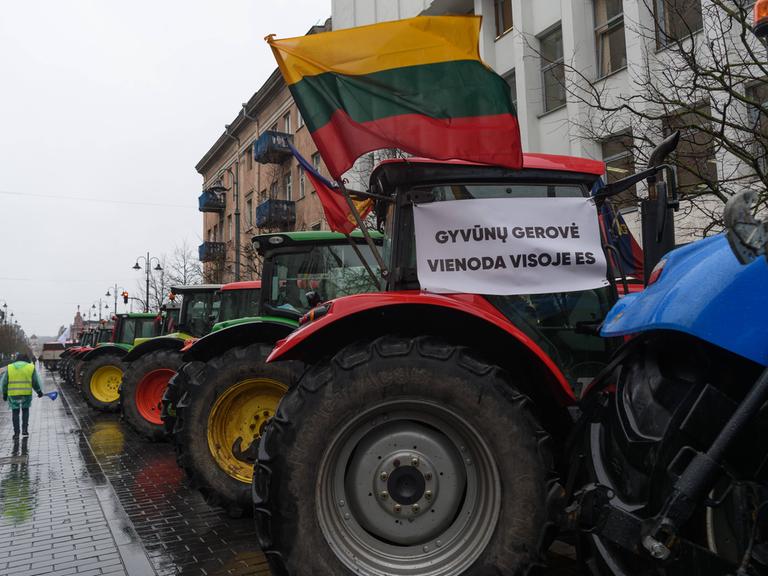 Mehrere Traktoren stehen mit litauischer Flagge in der Hauptstadt Vilnius, um gegen die Regierung zu protestieren. 