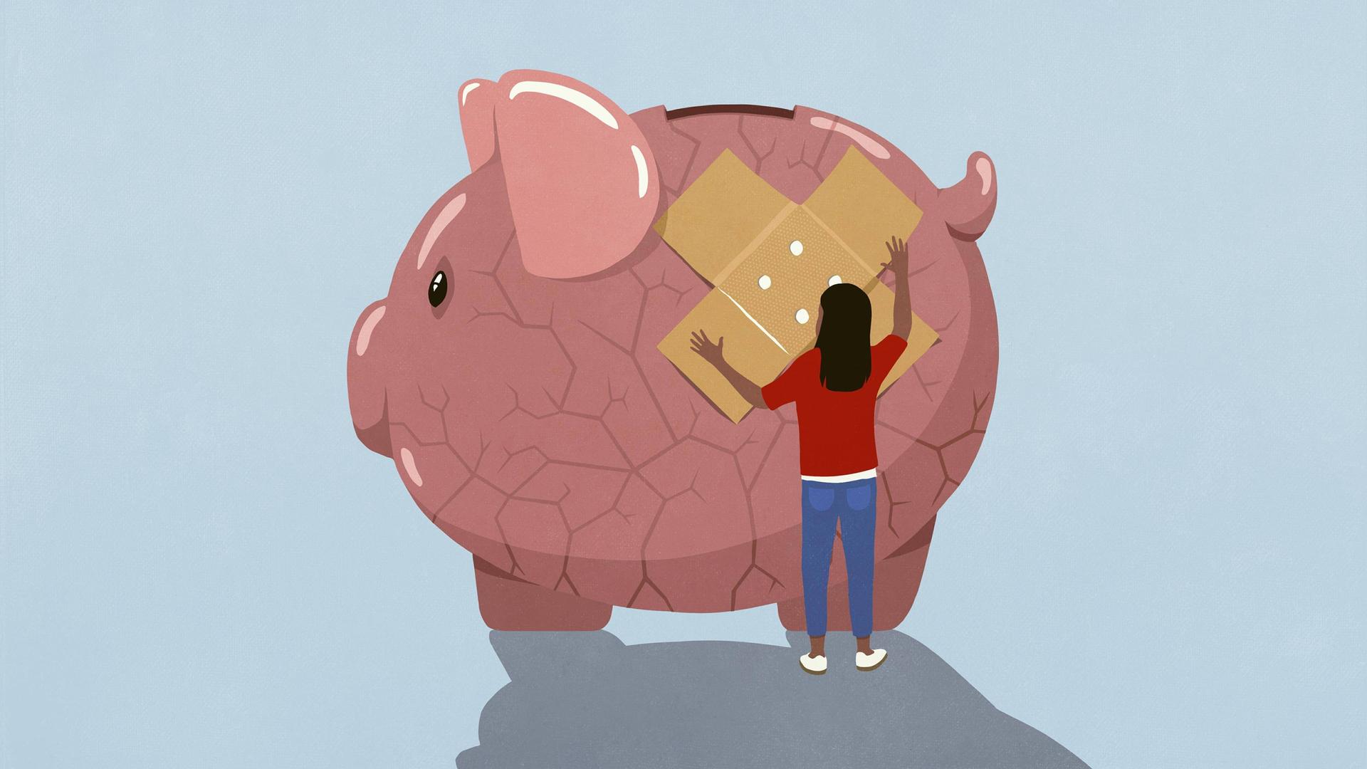 Illustration: Eine Frau steht vor einem überdimensionierten Sparschwein das lauter Risse hat und versucht es mit einem Pflaster zusammenzuhalten.