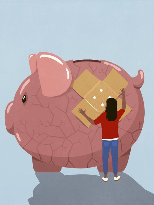Illustration: Eine Frau steht vor einem überdimensionierten Sparschwein das lauter Risse hat und versucht es mit einem Pflaster zusammenzuhalten.