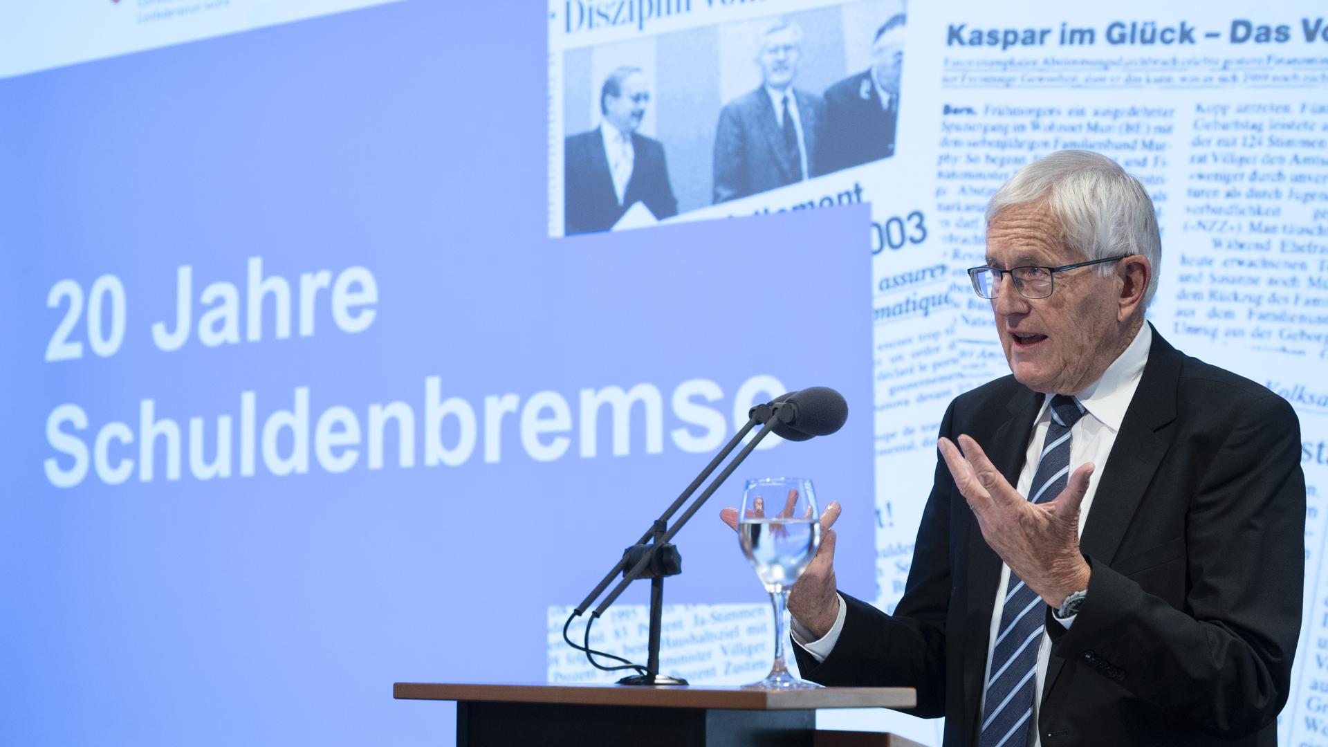 Schweizer Alt-Bundesrat Kaspar Villiger beim Festakt zu 20 Jahren eidgenössischer Schuldenbremse