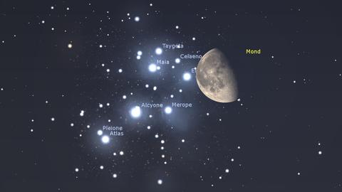 Das Bild zeigt den Mond neben mehreren Sternen.