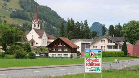 Das Plakat "Schweiz schützen. Keine 10 Millionen Schweiz" steht in einer Berglandschaft mit einem Schweizer Dorf im Hintergrund.
