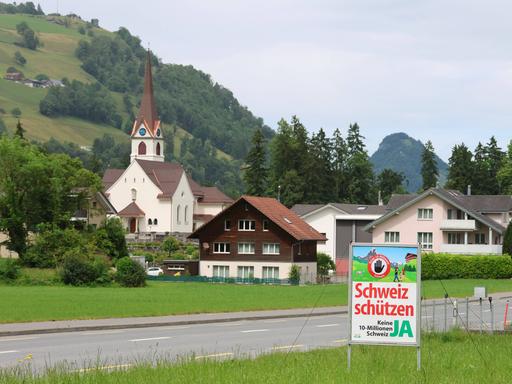 Das Plakat "Schweiz schützen. Keine 10 Millionen Schweiz" steht in einer Berglandschaft mit einem Schweizer Dorf im Hintergrund. Das Plakat "Schweiz schützen. Keine 10 Millionen Schweiz" steht in einer Berglandschaft mit einem Schweizer Dorf im Hintergrund.