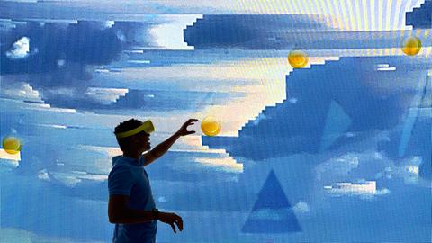 Silhoutte eines Mann, der eine VR-Brille trägt und nach Geld-Objekten in der Metaebene greift.