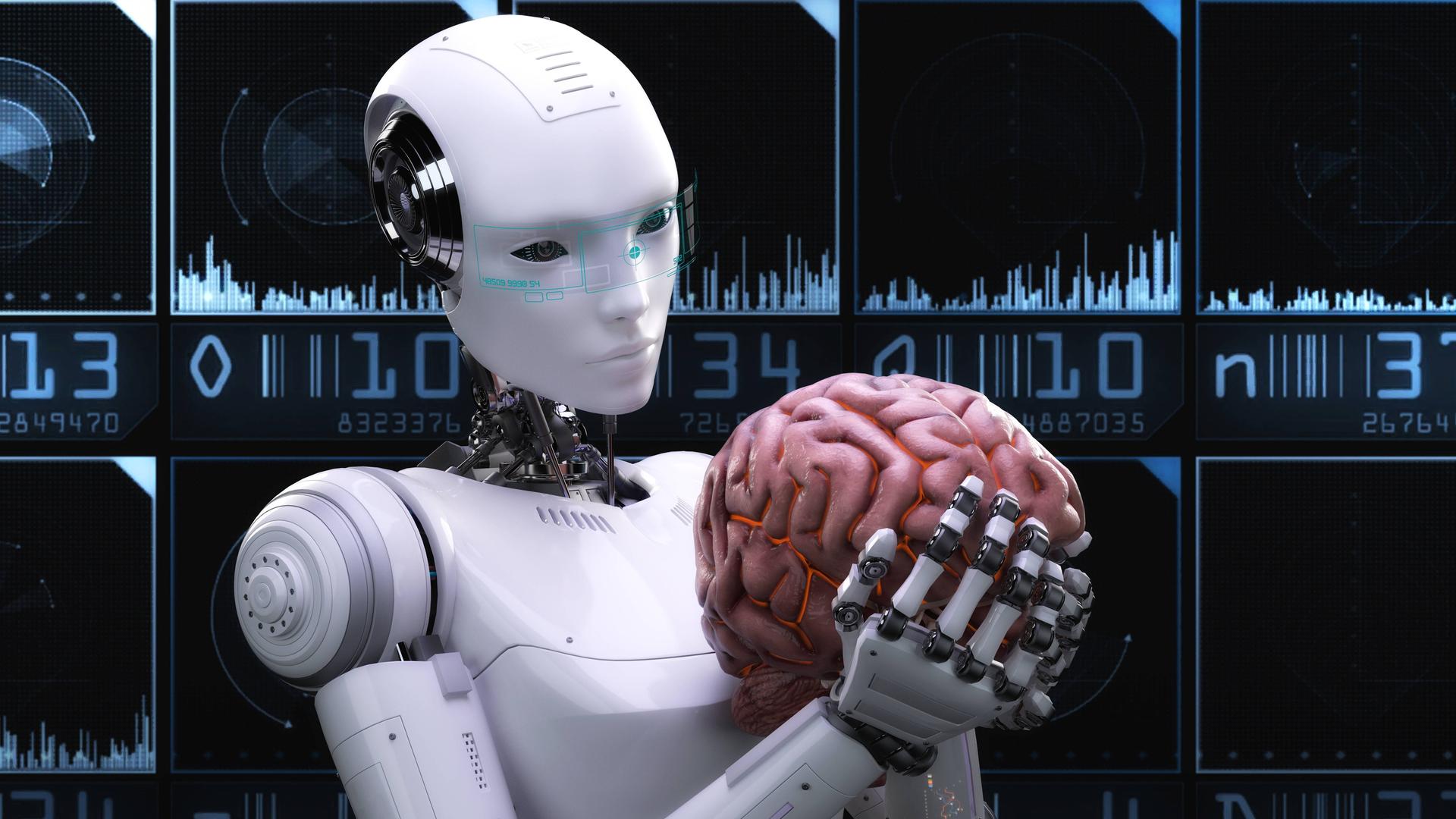 Künstlerische 3D-Illustration eines Cyborgs mit künstlicher Intelligenz.