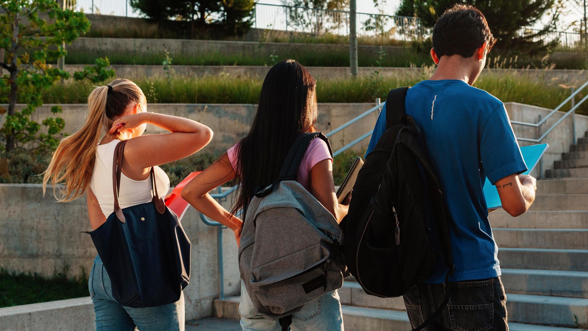Studenten mit Rucksäcken von hinten