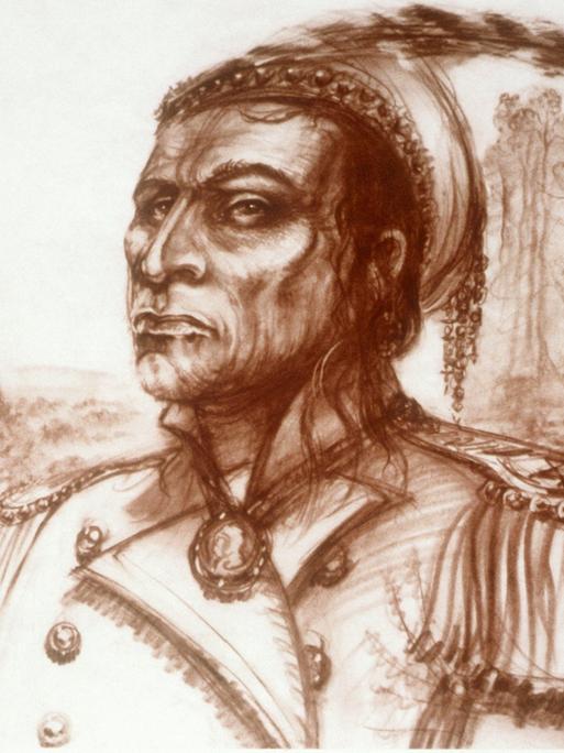 Der nordamerikanische Indianerhäuptling Tecumseh nach einer Zeichnung von Peter Lloyd. 