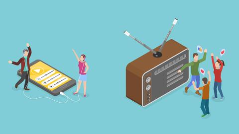 Illustration von Podcast und Radio: Figuren hören Podcast (links) und Radio (rechts).