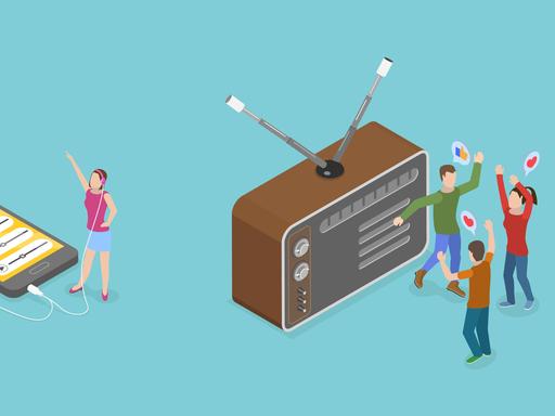 Illustration von Podcast und Radio: Figuren hören Podcast (links) und Radio (rechts).