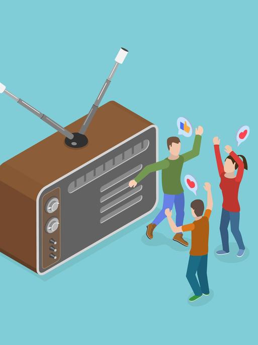 Illustration von Podcast und Radio: Figuren hören Podcast (links) und Radio (rechts).