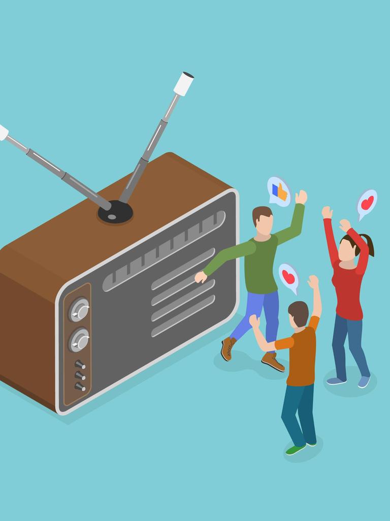 Illustration von Podcast und Radio: Figuren hören Podcast (links) und Radio (rechts).