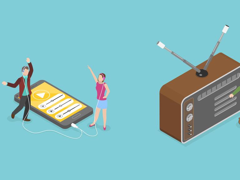 Illustration von Podcast und Radio: Figuren hören Podcast (links) und Radio (rechts).