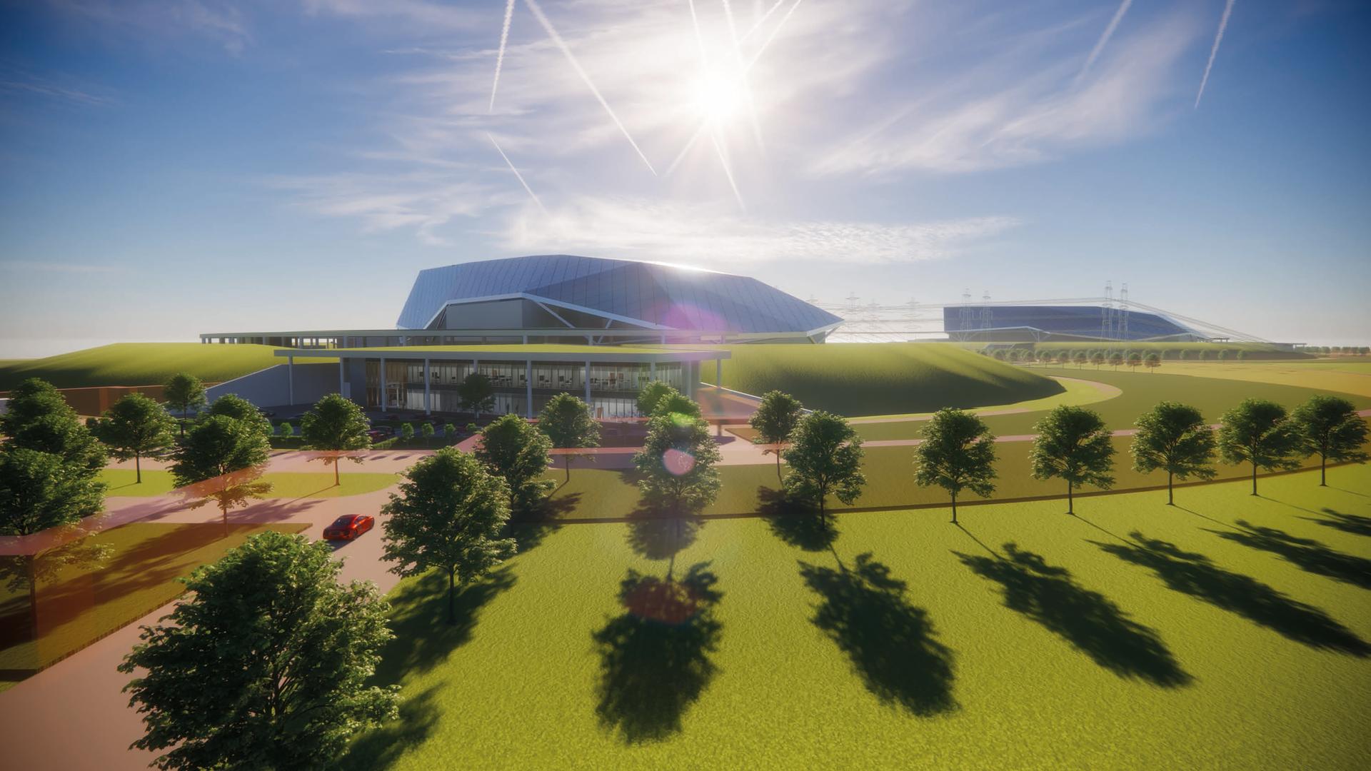 Ein Computerrendering zeigt die Visualisierung eines neuartigen Atomkraftwerks in grüner Landschaft. Ein Computerrendering zeigt die Visualisierung eines neuartigen Atomkraftwerks in grüner Landschaft.