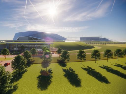 Ein Computerrendering zeigt die Visualisierung eines neuartigen Atomkraftwerks in grüner Landschaft.