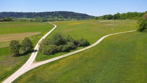 Blick von oben auf einen Weg mit Gabelung. Der zu Beginn gemeinsam verlaufende Weg trennt sich an einer Gabelung in zwei verschiedene Richtungen und läuft weiter durch die Wiesen.