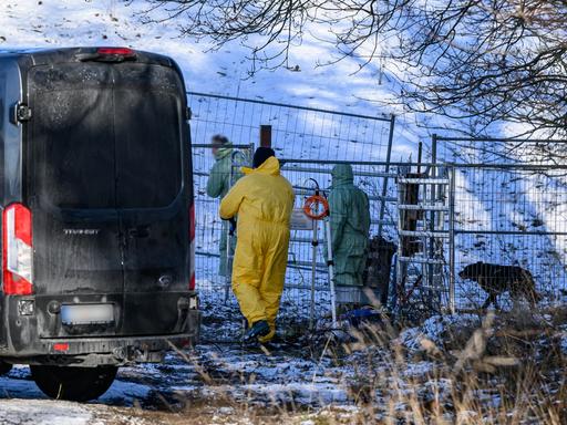 Personen in Schutzkleidung gehen über eine verschneite Weide. Feuerwehr und Polizei das Gelände weiträumig abgesperrt haben.