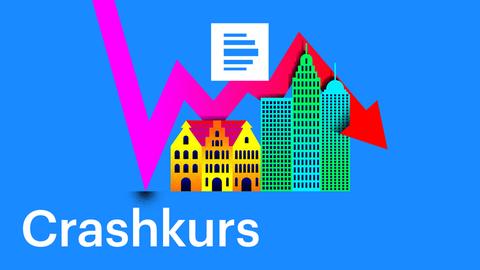 Crashkurs - Wirtschaft trifft Geschichte: Das Podcast-Logo zeigt einige Häuser, über denen ein Börsenkurs verläuft. Manche der Häuser erinnern an Bankenhochhäuser. Der Börsenkurs endet fallend.