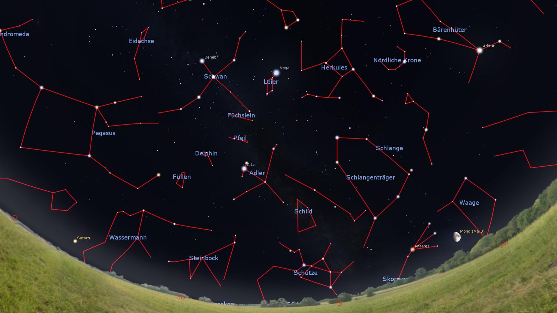 Ein bearbeitetes Foto, das den südlichen Sternenhimmel zeigt. Eingetragen sind auch die Sternbilder, die den Sternenkonstellationen zugeordnet werden.
