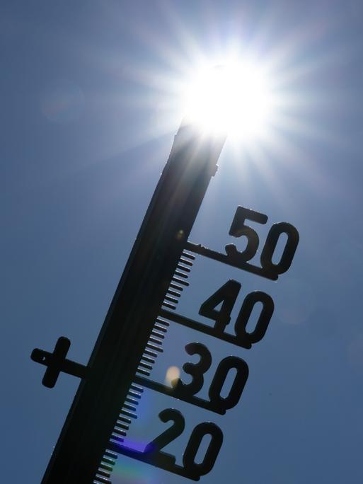 Vor dem Licht der gleißenden Mittagssonne zeichnet sich die Silhouette eines Thermometers ab. Vor dem Licht der gleißenden Mittagssonne zeichnet sich die Silhouette eines Thermometers ab.