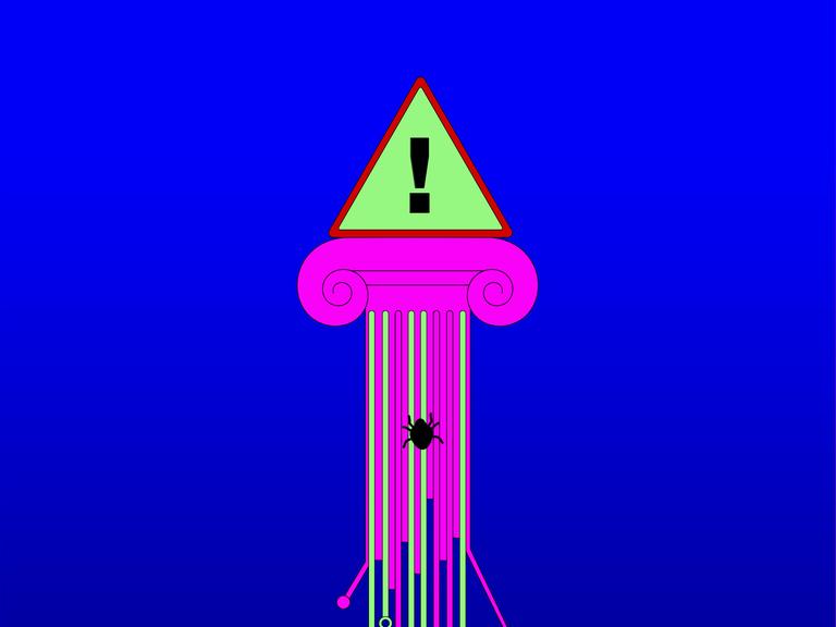 Eine Säule mit einem Käfer, darüber ein Warnschild