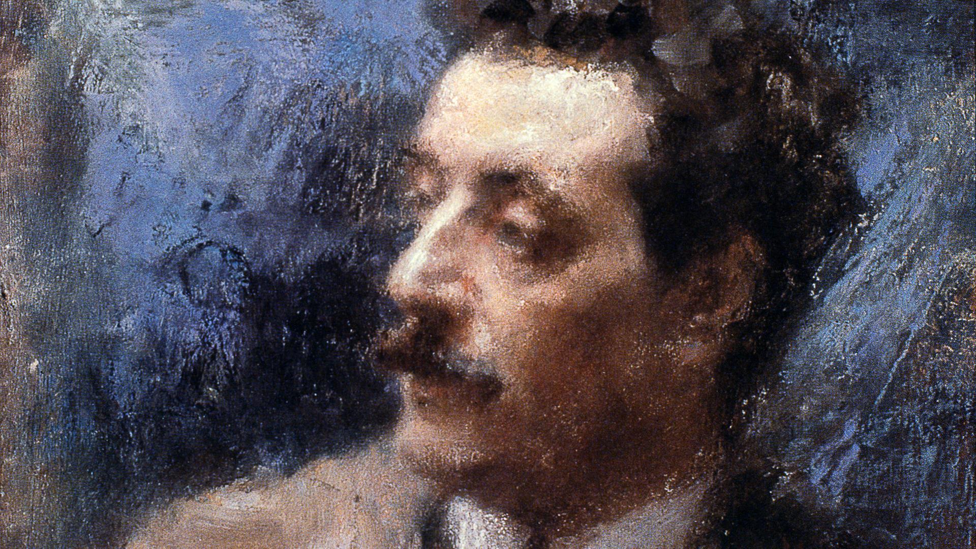 Pastell von Arturo Rietti, das das jüngere Porträt von Giacomo Puccini zeigt, vor einem dominant blauem Hintergrund. 