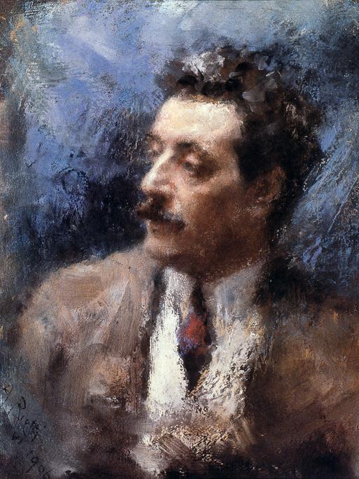 Pastell von Arturo Rietti, das das jüngere Porträt von Giacomo Puccini zeigt, vor einem dominant blauem Hintergrund. 