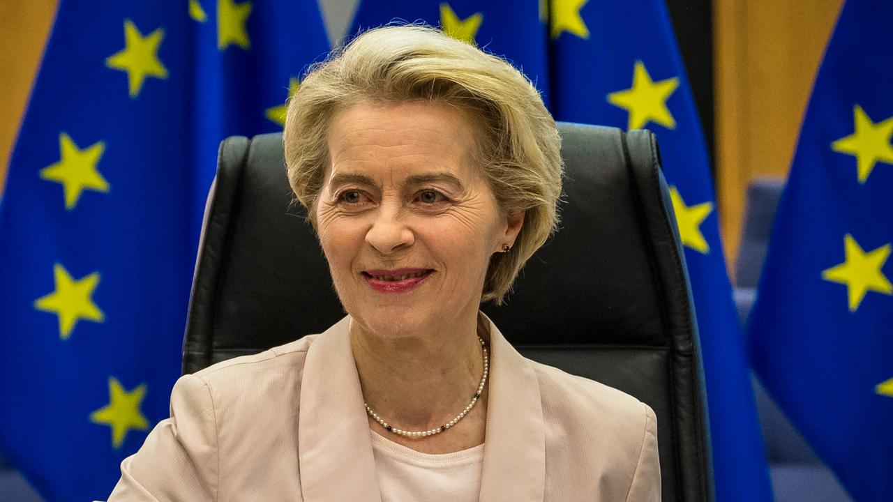 EU-Präsidentin Ursula von der Leyen sitzt vor EU-Fahnen. 