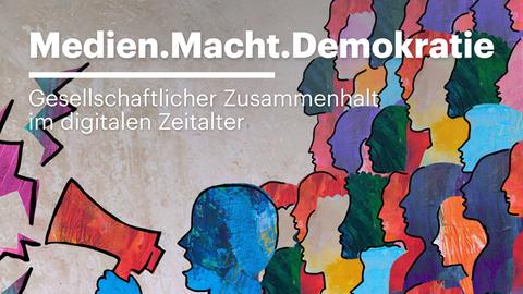 Illustration: verschiedene menschliche Profile die sich überlappen, vordergründig das Profil einer Person mit Megafon