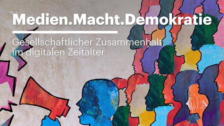 Illustration: verschiedene menschliche Profile die sich überlappen, vordergründig das Profil einer Person mit Megafon