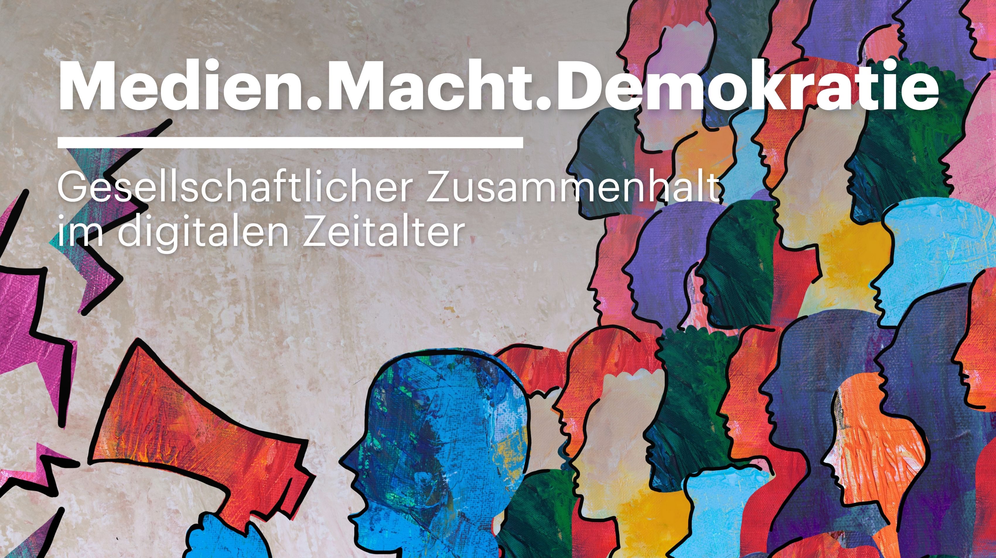 Illustration: verschiedene menschliche Profile die sich überlappen, vordergründig das Profil einer Person mit Megafon