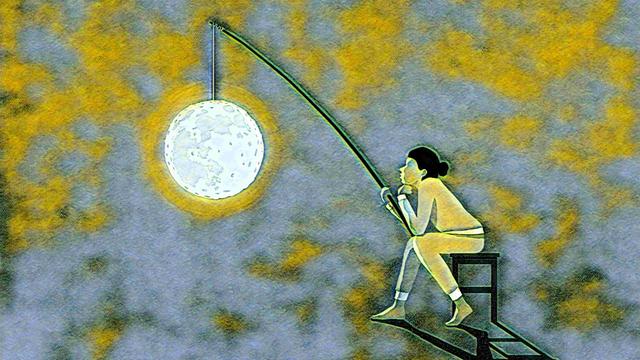 Illustration einer auf einem Stuhl sitzenden Frau, die eine Laterne hält, an der der Mond hängt