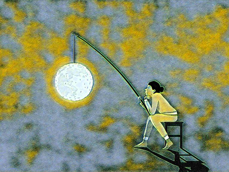 Illustration einer auf einem Stuhl sitzenden Frau, die eine Laterne hält, an der der Mond hängt