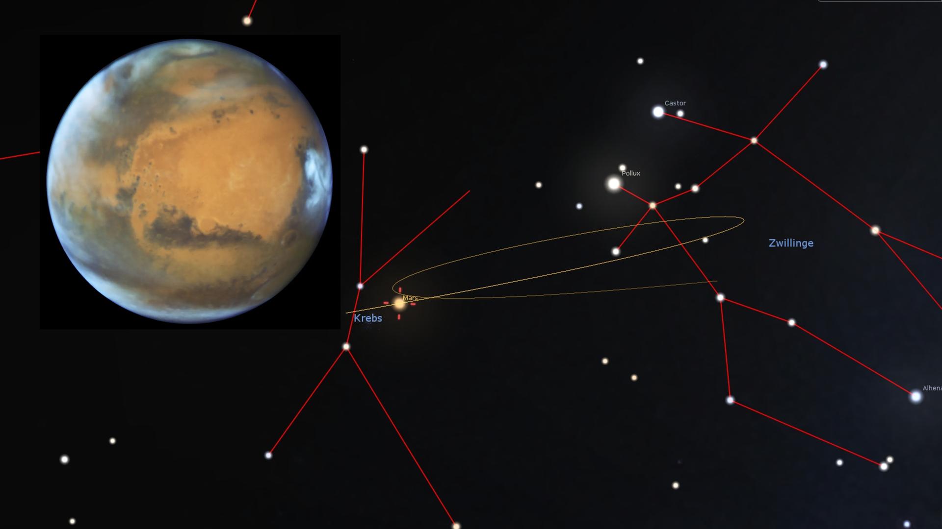 Unser Nachbarplanet Mars zieht in den kommenden Monaten eine große Schleife am Himmel – erst am Anfang Mai steht er wieder da, wo er jetzt zu sehen ist. 