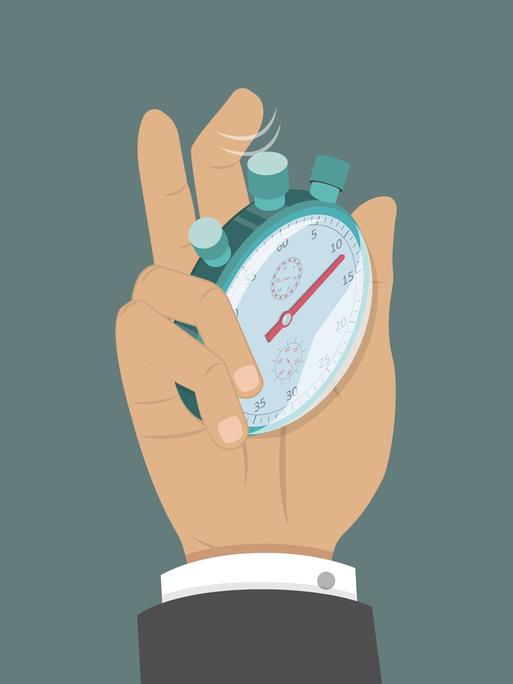 Illustration zeigt eine Hand mit einer Stoppuhr.