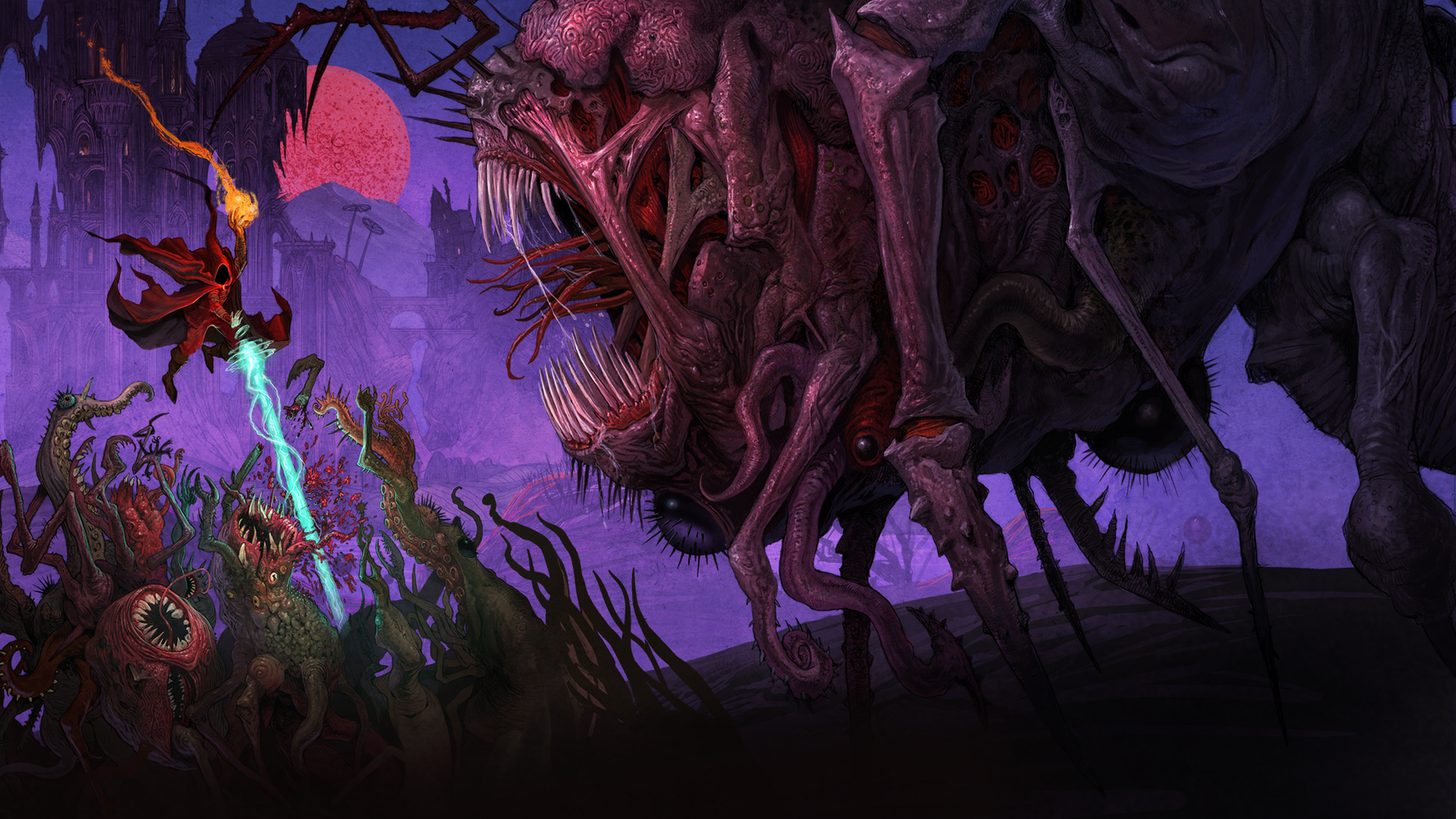 Eine Spielfigur mit roter Robe schwebt über Monstermäulern, in der sie einen Laserstrahl hineinschießt, während von rechts ein riesiges Monster ankommt.